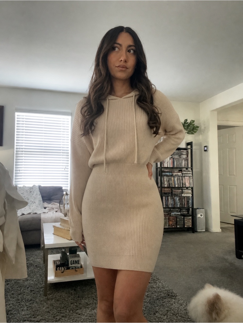 Prettygarden Beige Ribbed Knit Hoodie Sweater Dress Size M